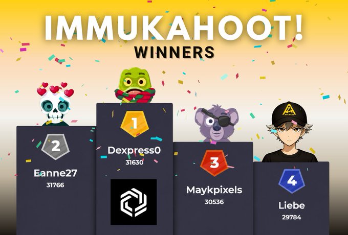 The image features a group of cartoon characters standing next to each other with their names displayed above them. The text "I MADE IT, MOM! I PASSED THE IMMUTABLE QUIZ!" indicates that they have completed an Immutable Kahoot game and are celebrating their achievements. The post also mentions the winners of the game in a numbered list format, which is displayed below the characters' names.