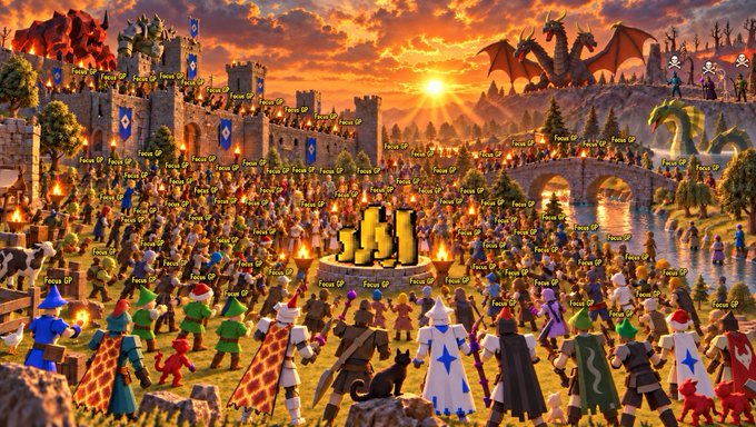 A vibrant fantasy artwork depicts a massive crowd of blocky characters gathered before a castle, with dragons flying in the sunset sky and the word 'fomo' displayed in the center.