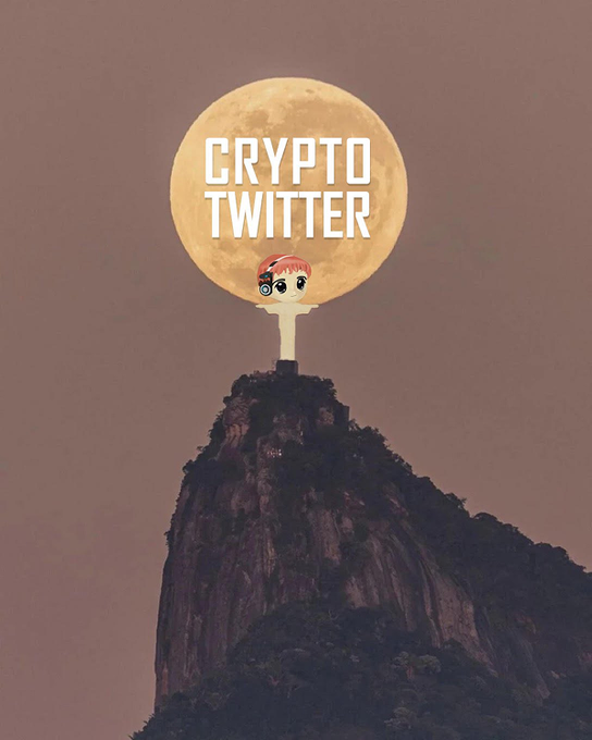 An artistic photograph of a large full moon behind Rio de Janeiro's Christ the Redeemer statue (with its face replaced by an anime-style character), featuring the text 'CRYPTO TWITTER' overlaid on the moon.