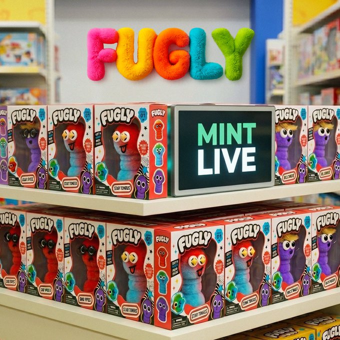 The image features a display of various toys, including a large collection of stuffed animals arranged on shelves. The toys are predominantly purple and green, with some featuring red accents as well. In front of the toy display, there's a sign that reads "Mint is LIVE opensea.io/collection/fug ... GTD stay FUGLY". This suggests that the toys are for sale at an online marketplace or store, possibly related to a collection of stuffed animals and other toys. The image captures the essence of the toy collection and its presentation in a visually appealing manner.
