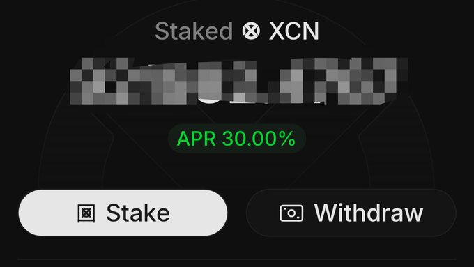 A cryptocurrency staking interface showing 'Staked XCN' (amount blurred out) with an APR of 30.00%, featuring 'Stake' and 'Withdraw' buttons.