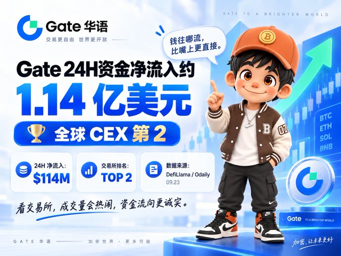 A promotional advertisement for 'Gate' cryptocurrency exchange featuring a cartoon character in an orange cap, highlighting 'Gate 24H资金净流入约 1.14亿美元' (approximately $114M net inflow) and ranking '全球 CEX 第2' (#2 global CEX).