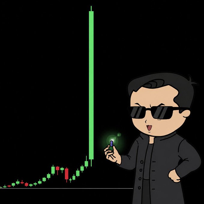 A cartoon character wearing sunglasses and a black coat holds a glowing object next to a green and red candlestick trading chart on a black background.