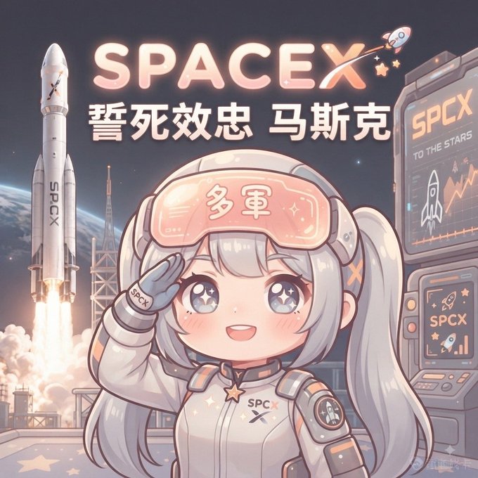 An anime-style illustration features a cute girl in a white SpaceX-themed spacesuit with Chinese text reading 'SPACEX 誓死效忠 马斯克' (Loyalty to SpaceX and Musk until death) against a backdrop of a launching rocket.
