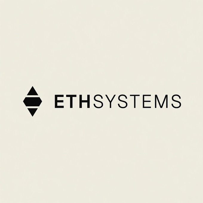 A minimalist logo on a light gray background featuring a black geometric Ethereum-like symbol next to the text 'ETHSYSTEMS'.