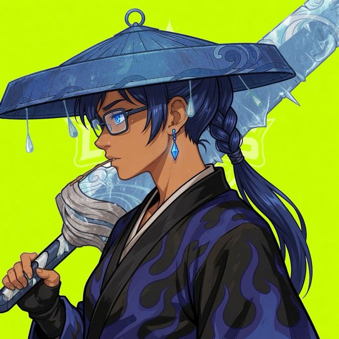 Anime-style illustration of a character with blue hair, glasses, and a wide-brimmed hat, wearing a dark blue flame-patterned outfit against a neon green background.