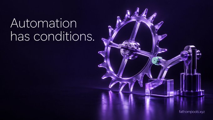 A promotional graphic displays a purple gear mechanism with the text 'Automation has conditions.' and a watermark reading 'fathompools.xyz'.