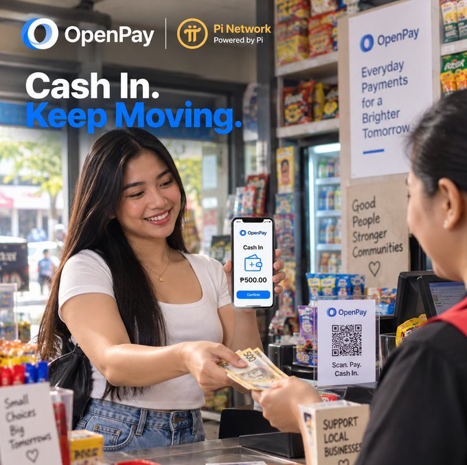 An advertisement for OpenPay powered by Pi Network features a smiling woman at a checkout counter cashing in ₱500.00 via the app, with the tagline "Cash In. Keep Moving."