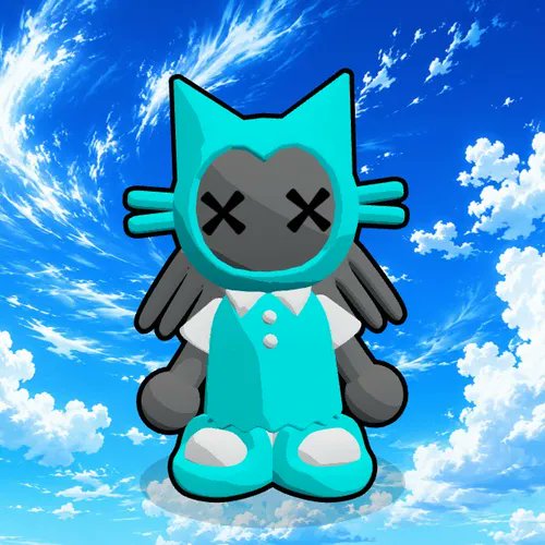 A digital illustration of a stylized cat character with an X-eyed mask, wearing a cyan outfit and black wings, set against a blue sky background.