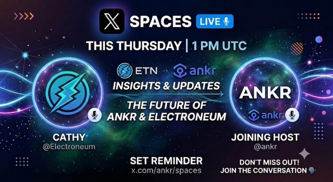 A promotional graphic for an X Spaces live audio event this Thursday at 1 PM UTC, featuring host @ankr joining Cathy from @Electroneum (ticker: ETN) to discuss insights and updates on the future of Ankr and Electroneum, with viewers encouraged to set a reminder at x.com/ankr/spaces. The cosmic-themed banner with neon logos visually ties to the post's announcement about the upcoming discussion featuring Ankr as the host and Electroneum's Cathy as the guest.