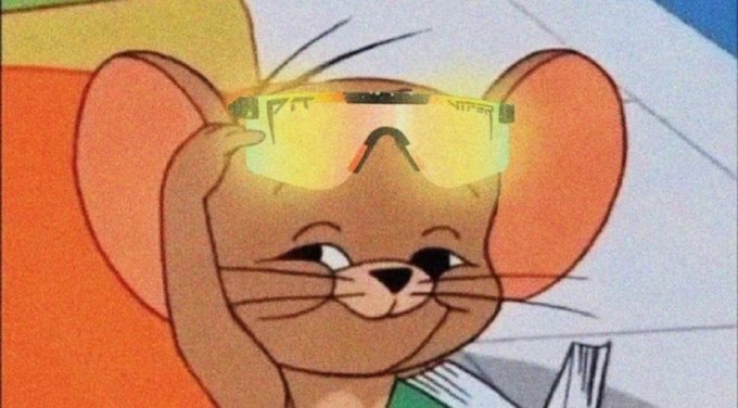 An animated cartoon of Jerry the mouse wearing glowing yellow visor glasses.