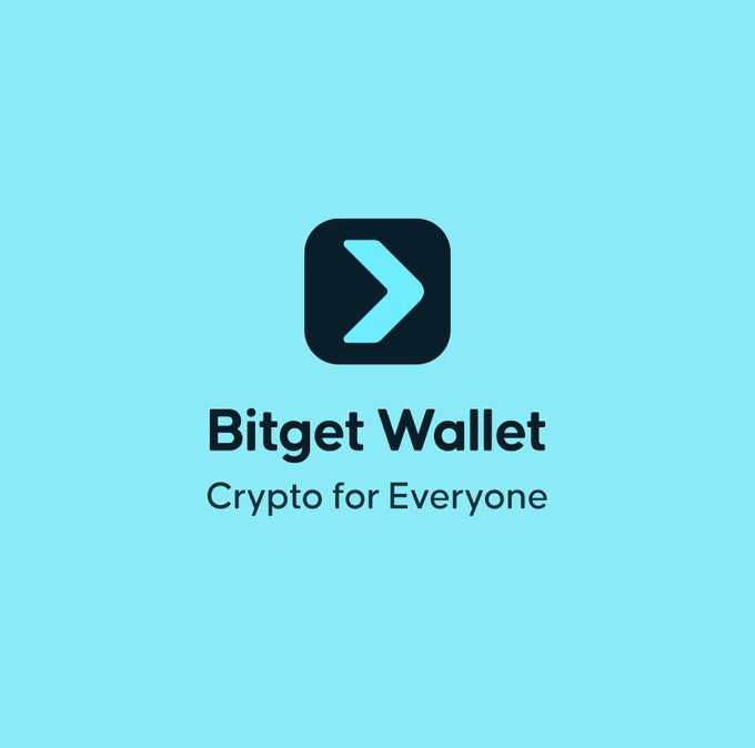 The Bitget Wallet logo featuring a dark icon with a cyan arrow on a light cyan background, with the tagline 'Crypto for Everyone'.