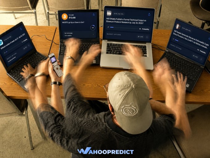 Overhead view of a person wearing a cap using multiple devices (laptops and a phone) displaying prediction market interfaces, with the 'Wahoopredict' logo at the bottom.