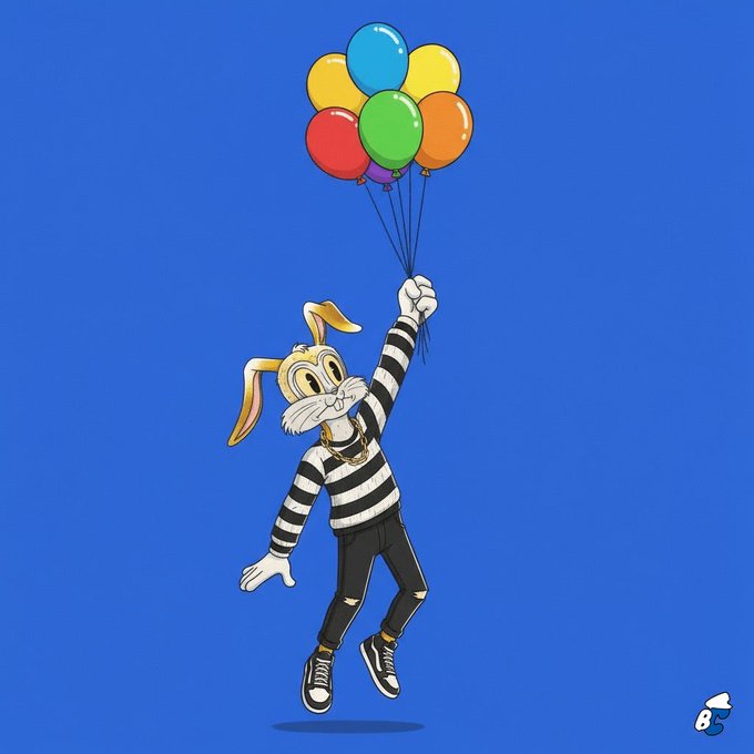 An illustration of a cartoon rabbit character wearing a striped sweater and black jeans, floating into the air while holding a bunch of colorful balloons. The image serves as a promotional visual for the announcement of Yuga's new NFT swap platform.