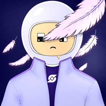 A digital illustration of a character with a sad expression wearing a white helmet with an infinity symbol on the chest and large white feathers floating around them.