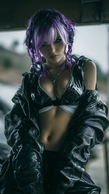 A digital rendering of a woman with purple hair wearing a black leather jacket, bikini top, and black shorts in a stylized, edgy aesthetic.