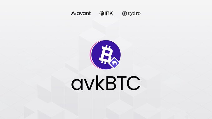 The image displays a promotional graphic featuring the "avkBTC" logo—a Bitcoin "B" symbol with a small chart icon—against a geometric white background, with the logos of Avant, Ink, and Tydro displayed at the top. The graphic serves as a welcome announcement, introducing Avant's Bitcoin product avkBTC launching on the Ink platform.