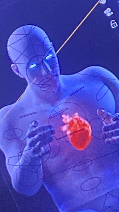 A purple-tinted, X-ray style digital illustration showing the internal anatomy of a muscular man, with his glowing blue eyes and a large red heart visible through his translucent chest.