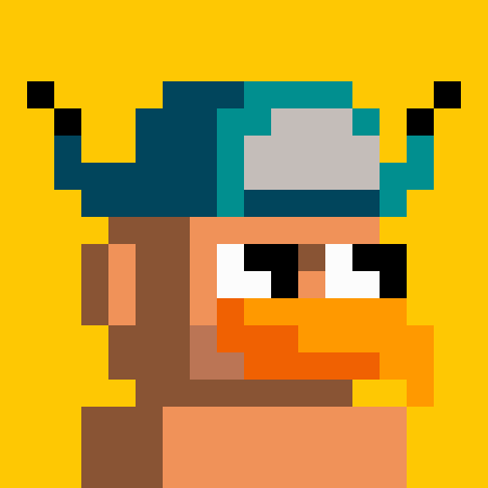 An 8-bit pixel art portrait shows a character with brown hair and beard wearing a teal cap with white accents, set against a solid yellow background.
