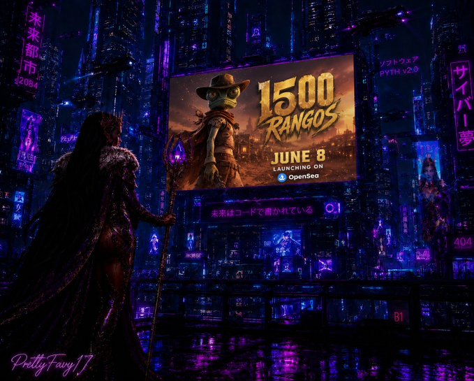 The image features a woman dressed in medieval clothing standing next to a large screen displaying an advertisement for "1500 Rangos". The advertisement showcases a character from the movie "1500 Rangos" wearing a cowboy hat, with the text "1500 Rangos" and " Launching on June 8". The woman is positioned behind the screen.