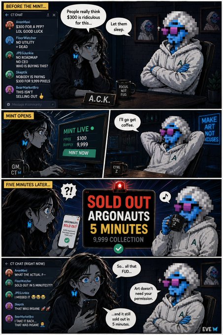 A four-panel comic about an NFT mint called "ARGONAUTS" showing a chat before the mint, the mint opening at $300, selling out in 5 minutes with 9,999 collections, and the artist's disbelief as the art is sold out without permission.