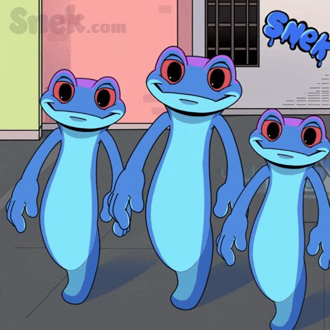 The image features a cartoon illustration of three blue frogs walking down a street, with one frog holding onto another's leg as they walk together. The background includes a pink wall and a window, adding depth to the scene. The caption "Make crypto fun again! Send the memes!" is written above the image, suggesting that the artist has created this cartoon for a meme or social media post related to cryptocurrency or blockchain technology.

The image also contains text elements such as "Snek.com", which could be an email address or a website associated with the creator of the cartoon. The overall theme and style of the illustration are playful, making it suitable for sharing on social media platforms like Twitter, Instagram, or other meme-sharing websites.