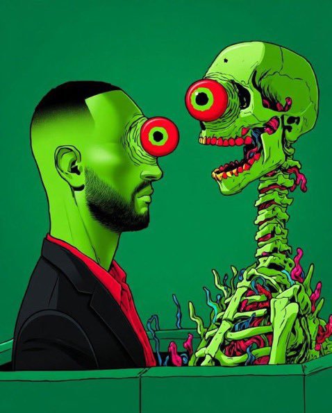 A surreal digital illustration of a green-skinned figure facing a skeletal creature, both featuring large red hypnotic eyes with concentric circles, set against a green background with colorful tendrils at the base.