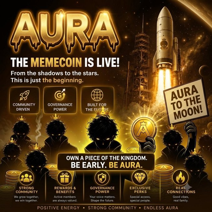 A promotional poster for the AURA memecoin featuring a rocket launch, characters with glowing eyes holding a sign reading 'AURA TO THE MOON!', and tags like 'COMMUNITY DRIVEN', 'GOVERNANCE POWER', and 'BE EARLY. BE AURA.'
