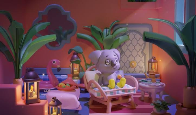 A 3D-rendered cozy room with warm pink and orange lighting features a cute gray koala plush toy sitting in a small white rocking chair, surrounded by potted palm plants, lit lanterns, and a pink flamingo float.