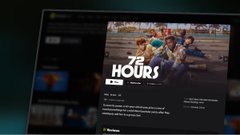 A laptop screen displays a streaming service playing the movie "28 HOURS," featuring a couple on the beach, while the accompanying post promotes HoodPlay TV's ability to stream theatrical releases on Robinhood, referencing its contract address as a promotion.