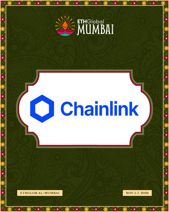 An ETHGlobal Mumbai event graphic features a large blue Chainlink logo, with “ETHGlobal MUMBAI” at the top and “ETHGLOBAL/MUMBAI” and “NOV 5-7, 2026” at the bottom.