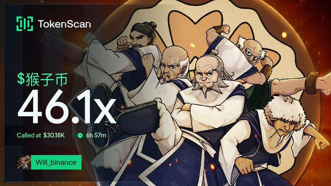 A promotional graphic from TokenScan shows a crypto token ticker "$猴子币" (Monkey Coin) called at $30.18K with a 46.1x multiplier and "Will_binance" credited, featuring illustrated martial arts characters—tied to the post's references to Will_binance and the FLAP token community.