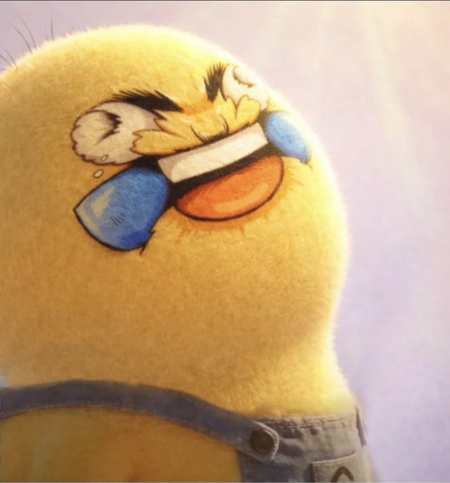 An illustration of a small yellow duckling wearing blue sunglasses, hugging itself with a melancholic or sleepy expression.