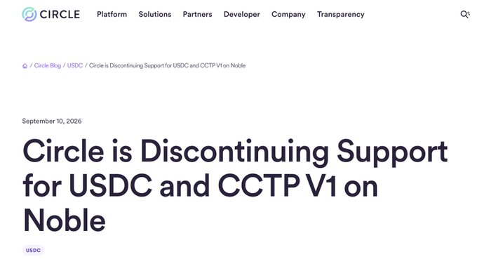 A screenshot of a Circle blog article titled 'Circle is Discontinuing Support for USDC and CCTP V1 on Noble,' dated September 10, 2026, with the Circle logo and navigation menu visible.