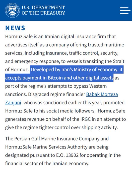A U.S. Department of the Treasury news release announcing sanctions on Hormuz Safe, an Iranian digital insurance firm developed by Iran's Ministry of Economy that accepts Bitcoin and other digital assets to bypass Western sanctions. The highlighted text emphasizes the firm's cryptocurrency payment scheme, with Babak Morteza Zanjani identified as promoting the IRGC-backed operation alongside the Persian Gulf Marine Insurance Company, both designated under E.O. 13902.