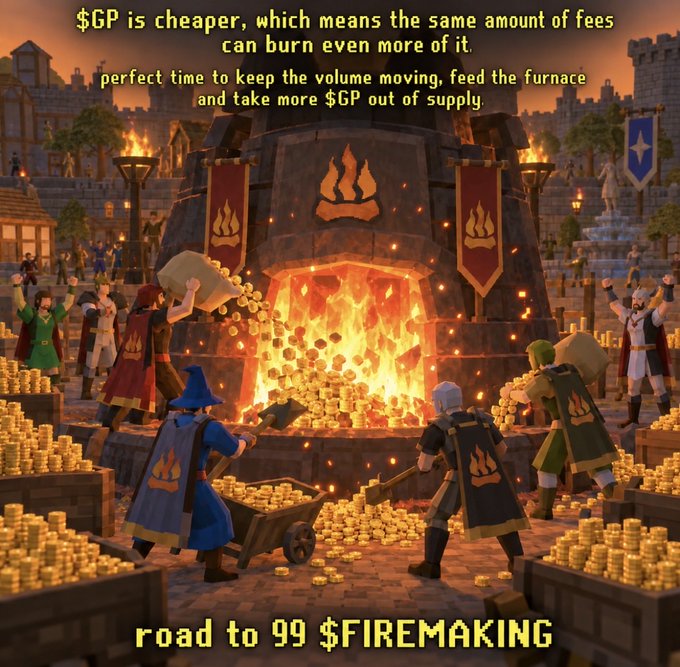 A pixel-art style fantasy illustration depicts characters in flame-emblazoned robes feeding gold coins into a large furnace, with text about $GP tokenomics and 'road to 99 $FIREMAKING.'