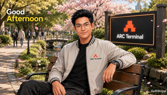 A young man wearing an 'ARC Terminal' branded jacket sits on a park bench with cherry blossoms, accompanied by 'Good Afternoon' text and an ARC Terminal sign.