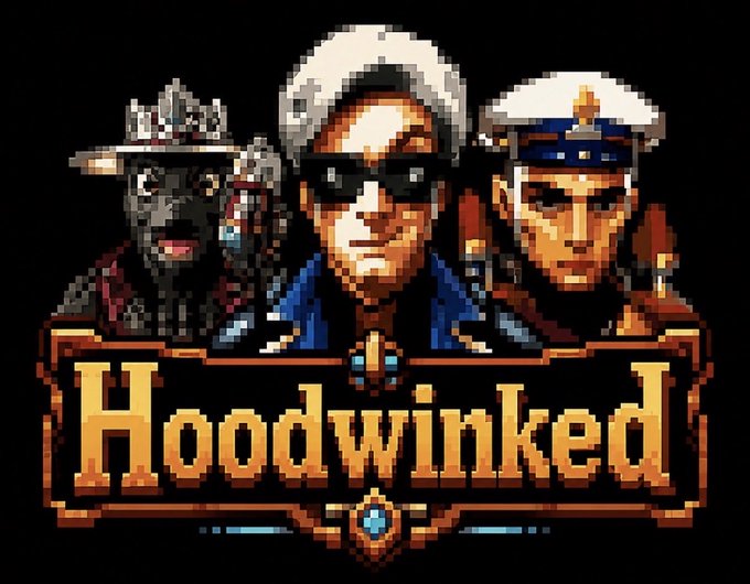 Pixel art title screen for "Hoodwinked" showing three character portraits: a wolf in a cowboy hat, a fox-like character with sunglasses, and a police officer.