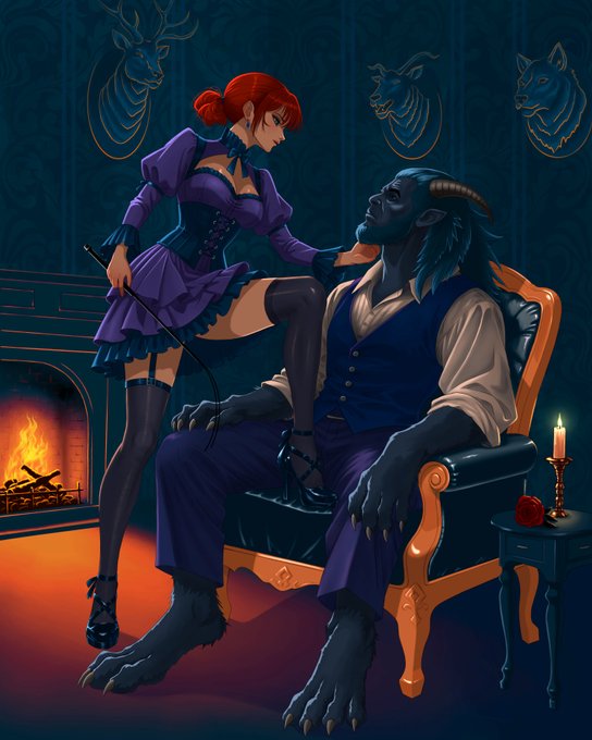 A fantasy illustration showing a red-haired woman in a purple dress standing over a seated horned, satyr-like creature in an ornate chair, with a fireplace and a rose on a side table.