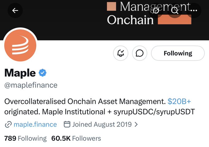 The image shows a social media post by Maple Finance that has gained 60,000 followers. The post features an orange logo with the words "Maple Finance" written below it. The text of the post reads, "Maple Finance recently crossed 60,000 followers on X, a testament to its growing influence across both TradFi and DeFi. Here is what is coming up next Maple Investor Call - July 8, 11 AM ET You hear directly from the founder and". This message highlights the company's recent success in gaining followers and their plans for future growth within the cryptocurrency market.