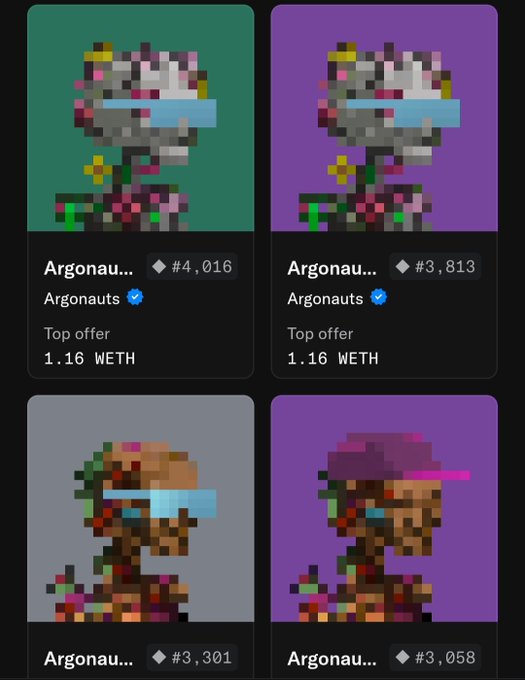 Four NFT listings for 'Argonauts' pixel art characters, with prices of 1.16 WETH and ETH values ranging from #3,058 to #4,016.
