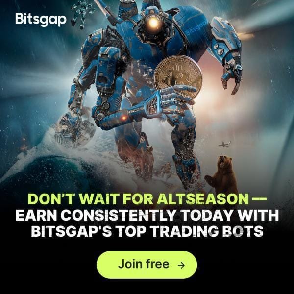 A Bitsgap advertisement features a giant blue robot holding a Bitcoin coin while battling elements amid the text "DON'T WAIT FOR ALTSEASON — EARN CONSISTENTLY TODAY WITH BITSGAP'S TOP TRADING BOTS" and a "Join free" button, visually reinforcing the post's message about using automated trading bots to capitalize on crypto opportunities without waiting for market cycles.