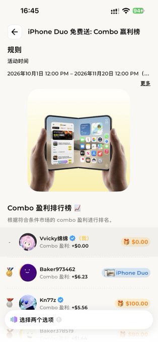A mobile app screenshot in Chinese shows an 'iPhone Duo' giveaway leaderboard ('免费送' / 'Combo 盈利排行'), with top users like 'Vicky维维' and 'Baker973462' displaying their earnings.