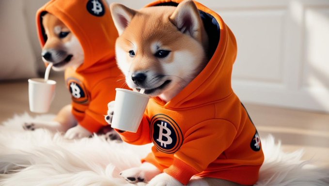 The image features two Shiba Inu dogs wearing orange hoodies, sitting on a white fur rug with one of them holding a cup in its mouth while the other looks at something off-camera. The caption reads "The people that will lead the next bull run aren't even here yet. Let that sink in. We are cooked waiting for the next chefs." This suggests that the dogs might be participating in an event or gathering where they are required to wear matching outfits and hold cups, possibly as part of a performance or competition.