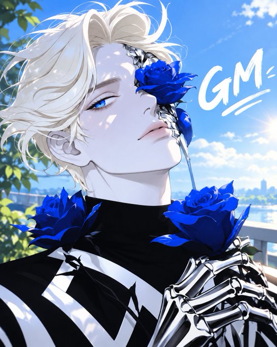 An anime-style illustration depicts a pale-skinned male character with blonde hair and a blue rose covering one eye, featuring a skeletal hand and the text 'GM' in the background.