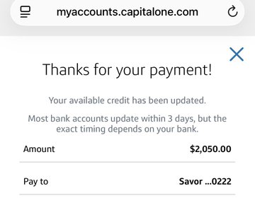 A mobile browser screenshot showing a Capital One payment confirmation page (myaccounts.capitalone.com) with the message 'Thanks for your payment!' A payment of $2,050.00 was made to an account ending in 0222 with the name partially shown as 'Savor ...0222'.