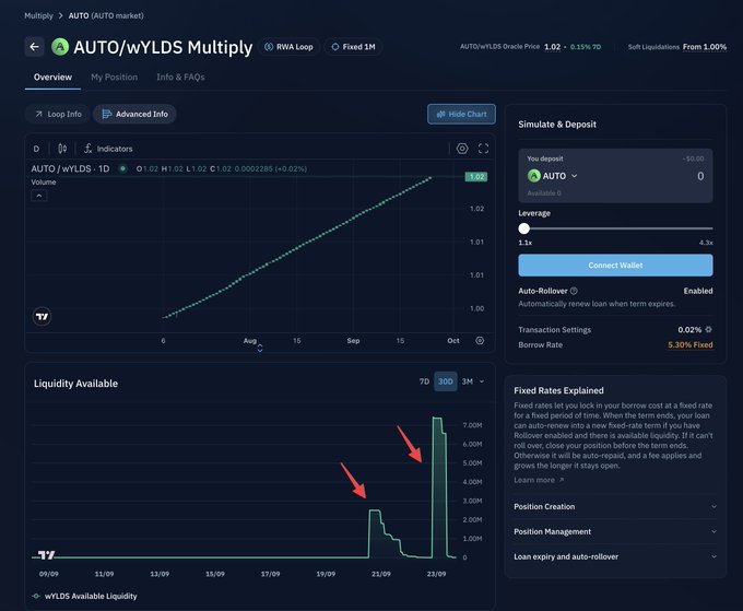 A cryptocurrency trading interface for AUTO/wYLDS Multiply on RWA Loop showing a price chart, liquidity available graph with red arrows pointing to spikes, and a 0.02% transaction fee with 5.30% fixed borrow rate.