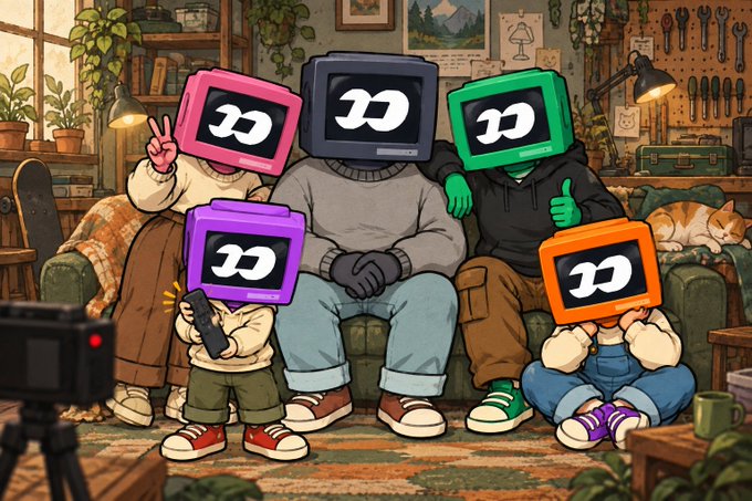 An animated illustration of a family sitting on a couch in a cozy living room, all with retro television sets displaying a logo over their faces.