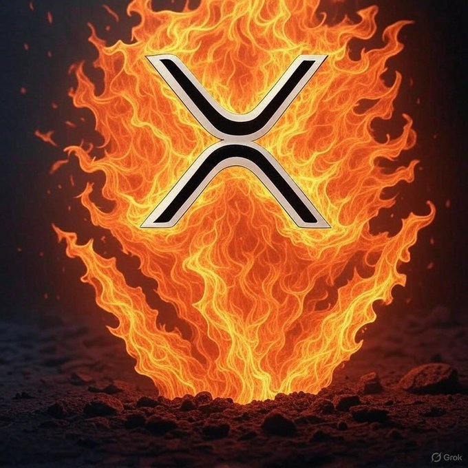 A silver XRP cryptocurrency logo surrounded by vibrant orange flames erupting from dark ground, with a 'Grok' watermark in the corner.