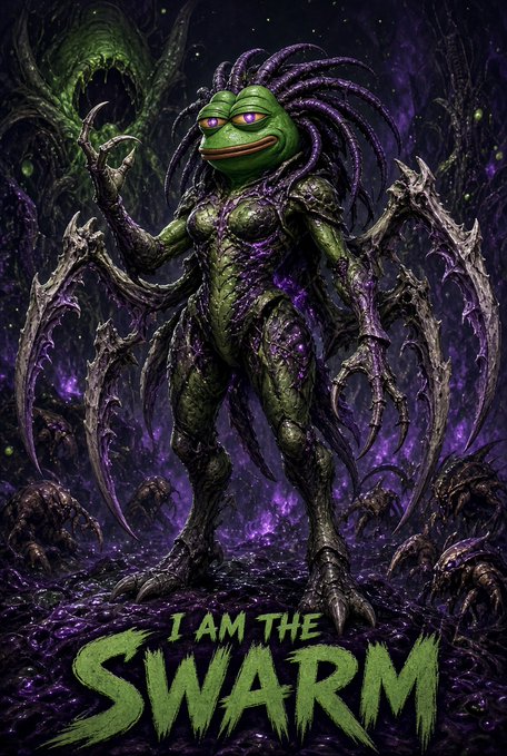 A fantasy artwork shows a hybrid creature combining the head of Pepe the Frog with a dark, spiky, alien body surrounded by spider-like creatures. The text 'I AM THE SWARM' is written in a green, stylized font at the bottom.